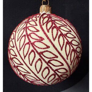 Large Glass Red & White Glitter Leaf Patterned Christmas 4" Ornament Ball